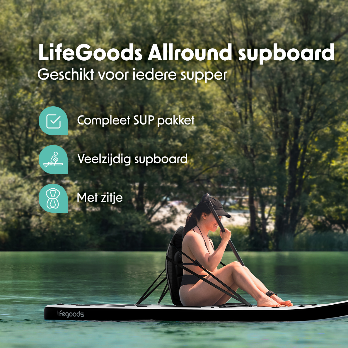 Woman sitting on a paddleboard with a seat, enjoying the lake.