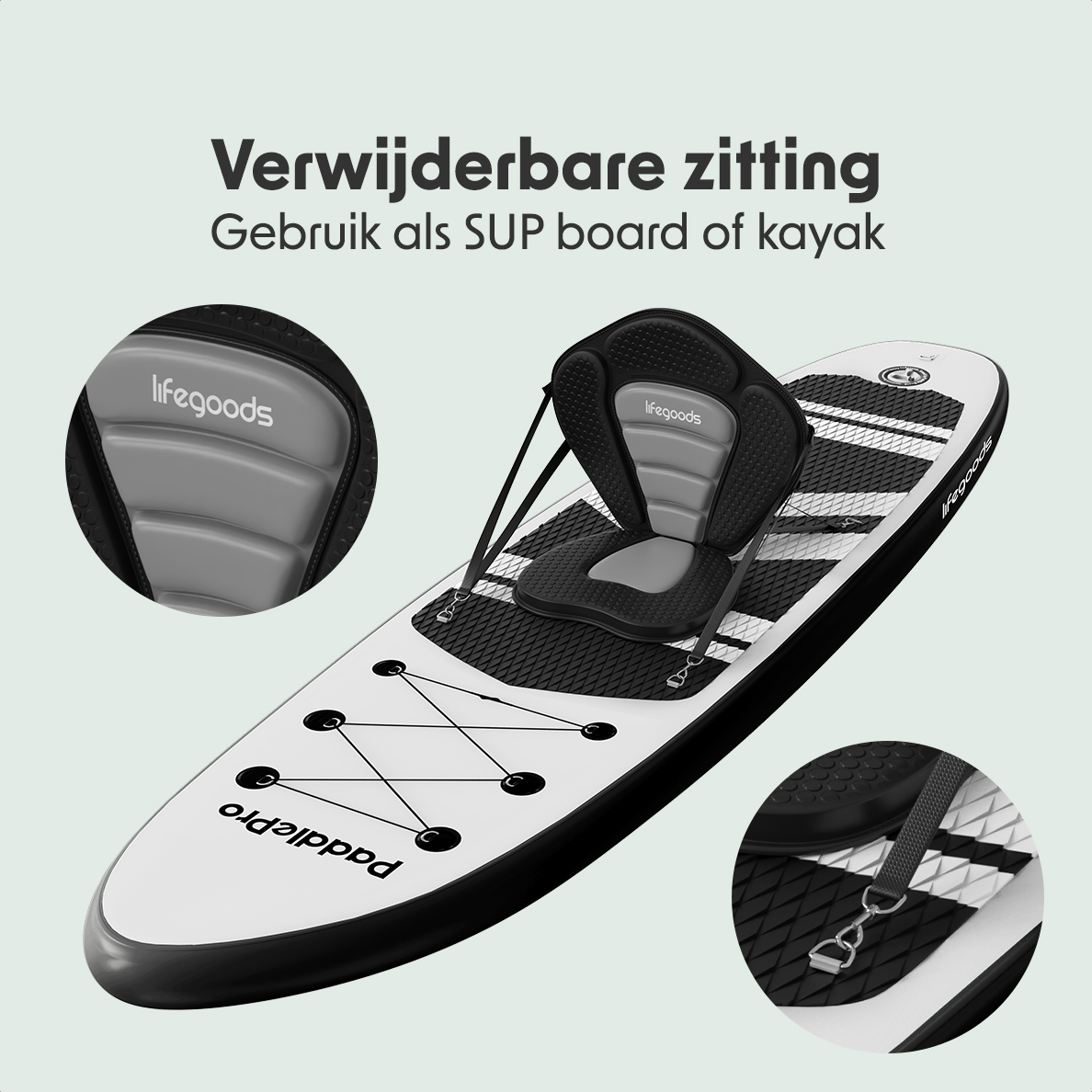 Paddleboard with a seat attached, with close-ups of details.