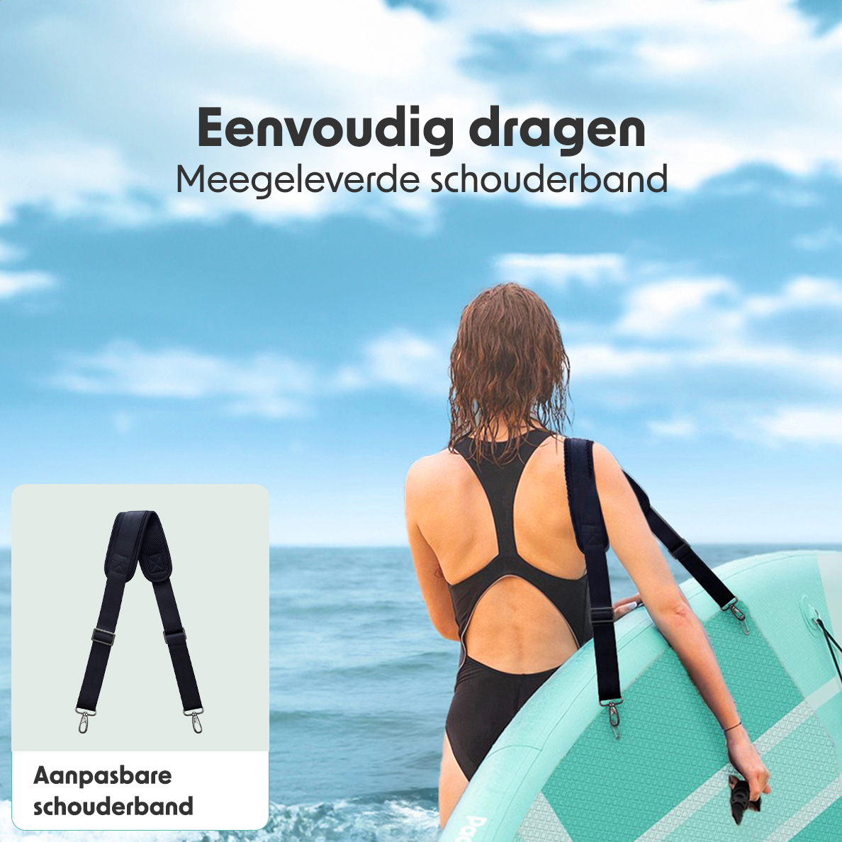 Vrouw draagt een teal SUP-board met een zwarte schouderriem. Tekst: Gemakkelijk te dragen, schouderriem.