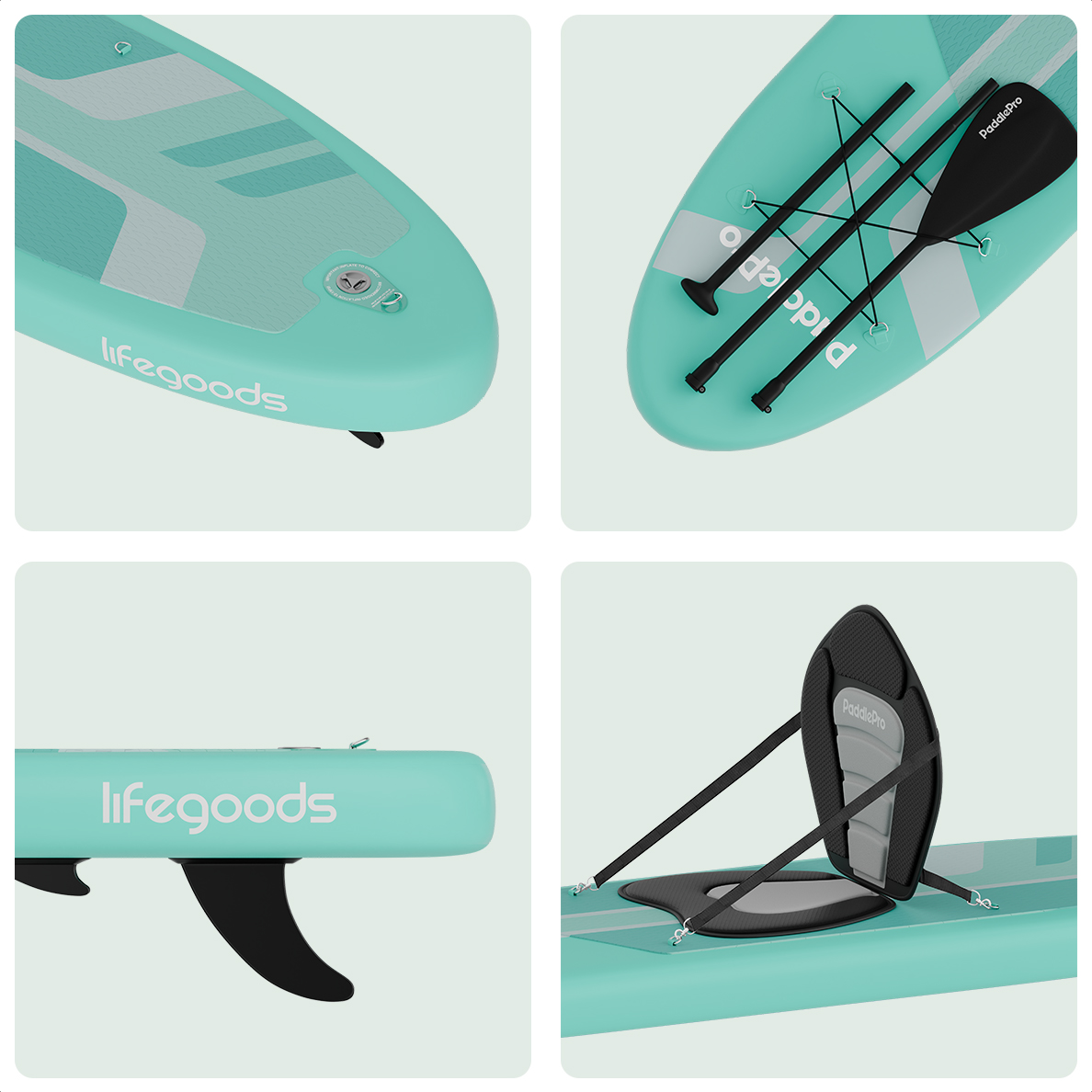 Close-up beelden van een teal SUP-board met peddel, vin en zitje.