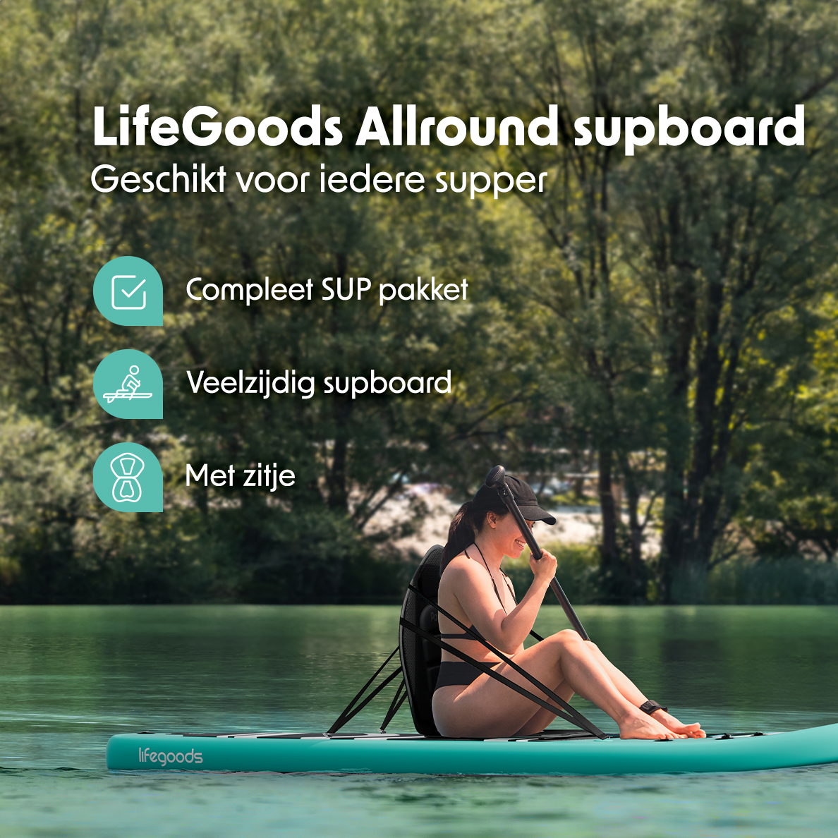 Vrouw op aqua paddleboard met een stoel op een meer. Tekst vermeldt dat het een compleet SUP-pakket is.