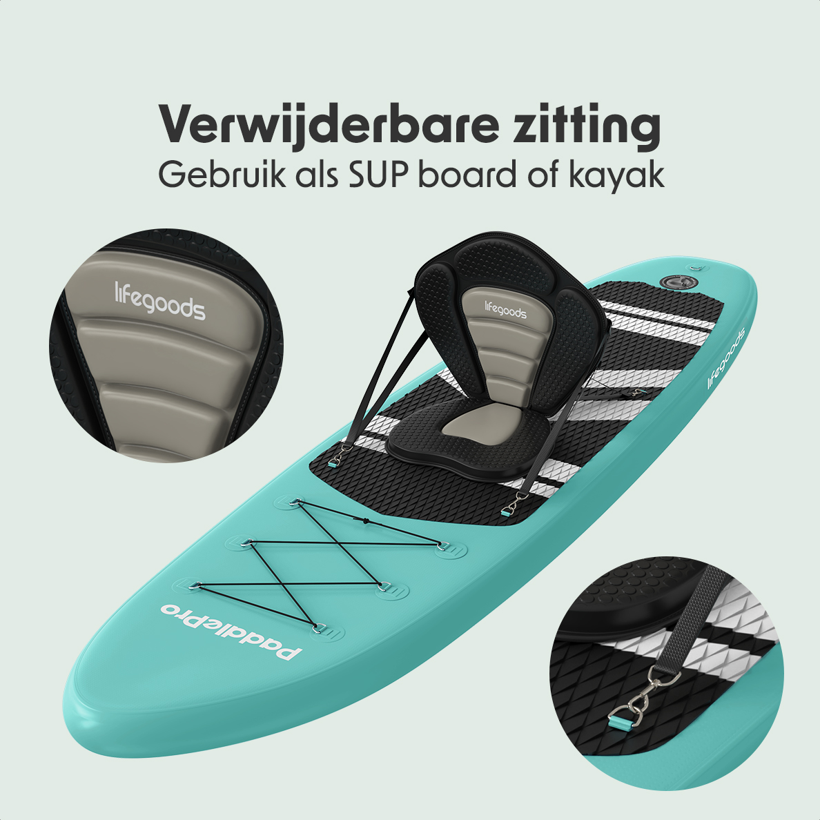 Aqua paddleboard met een stoel. Close-ups tonen stoeldetails en bevestigingspunten.