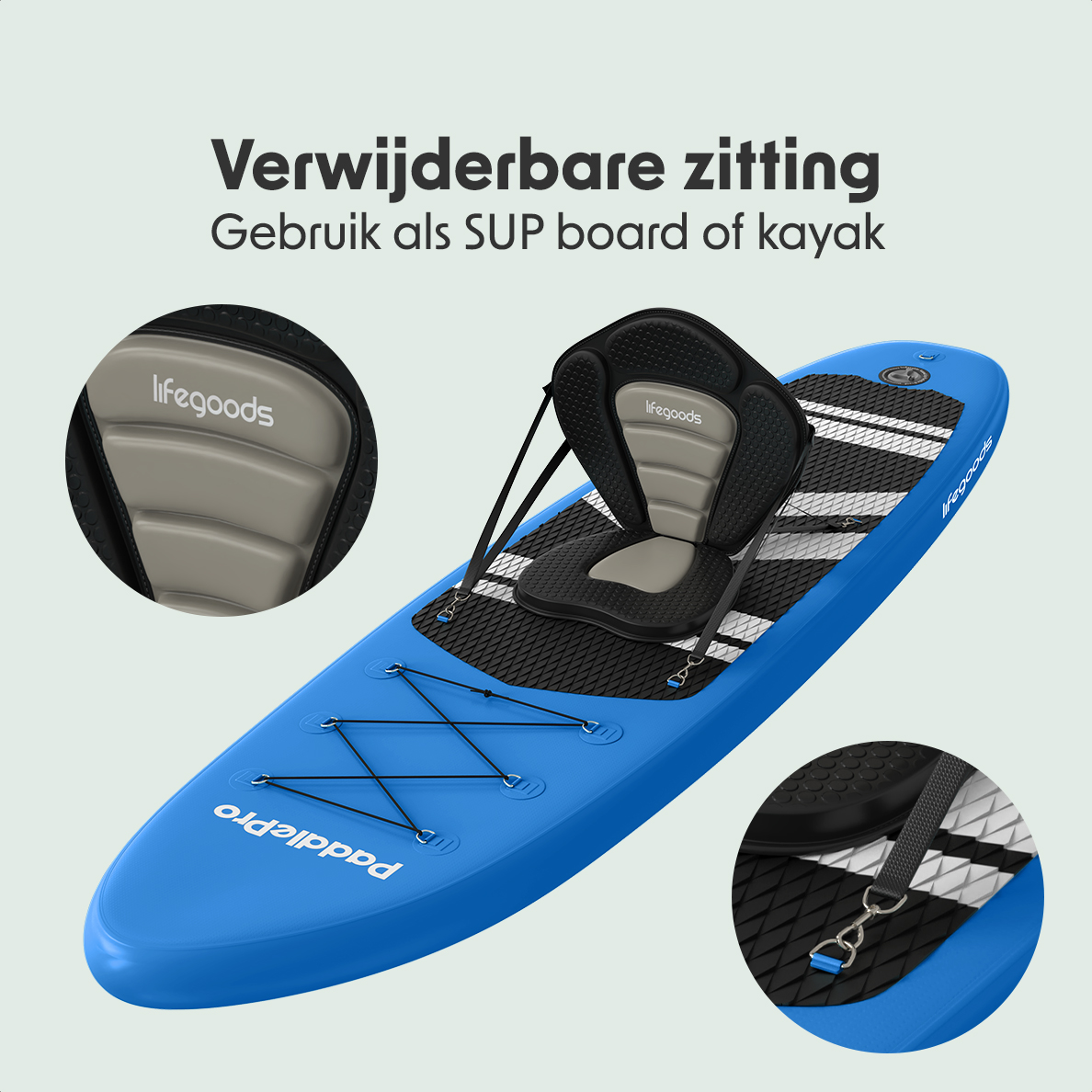 Blauw paddleboard met een stoel. Close-ups tonen stoeldetails en bevestigingspunten.