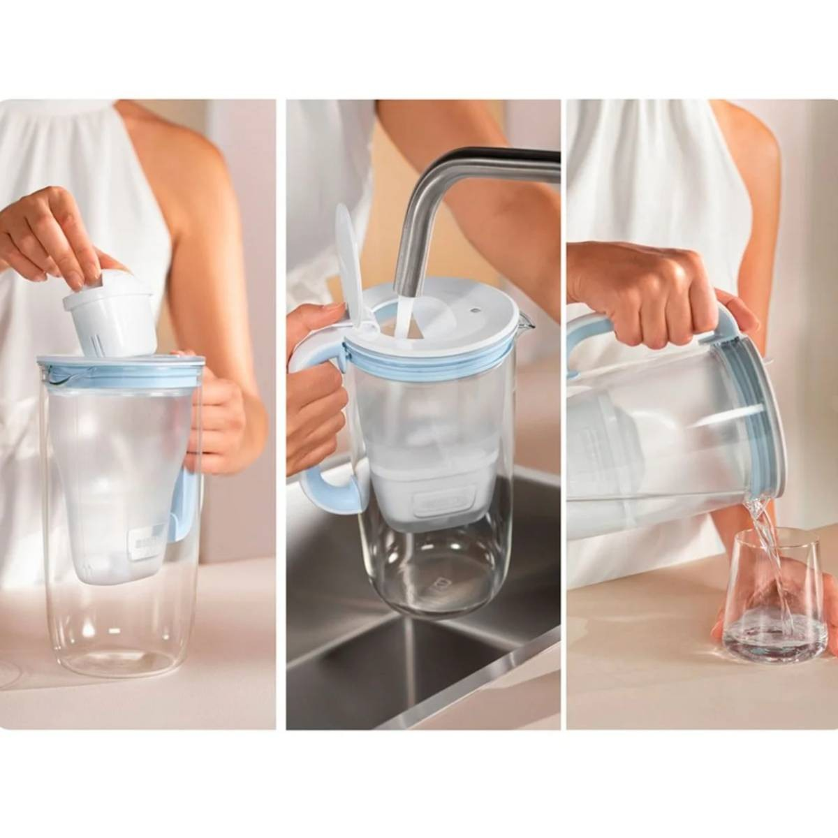 Eine Frau füllt einen Wasserfilterkrug mit einem Filter und dann ein Glas mit gefiltertem Wasser.
