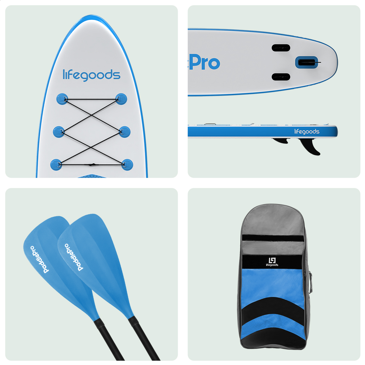 Collage van een paddleboard met accessoires. Inclusief een paddleboard, twee peddels en een draagtas.