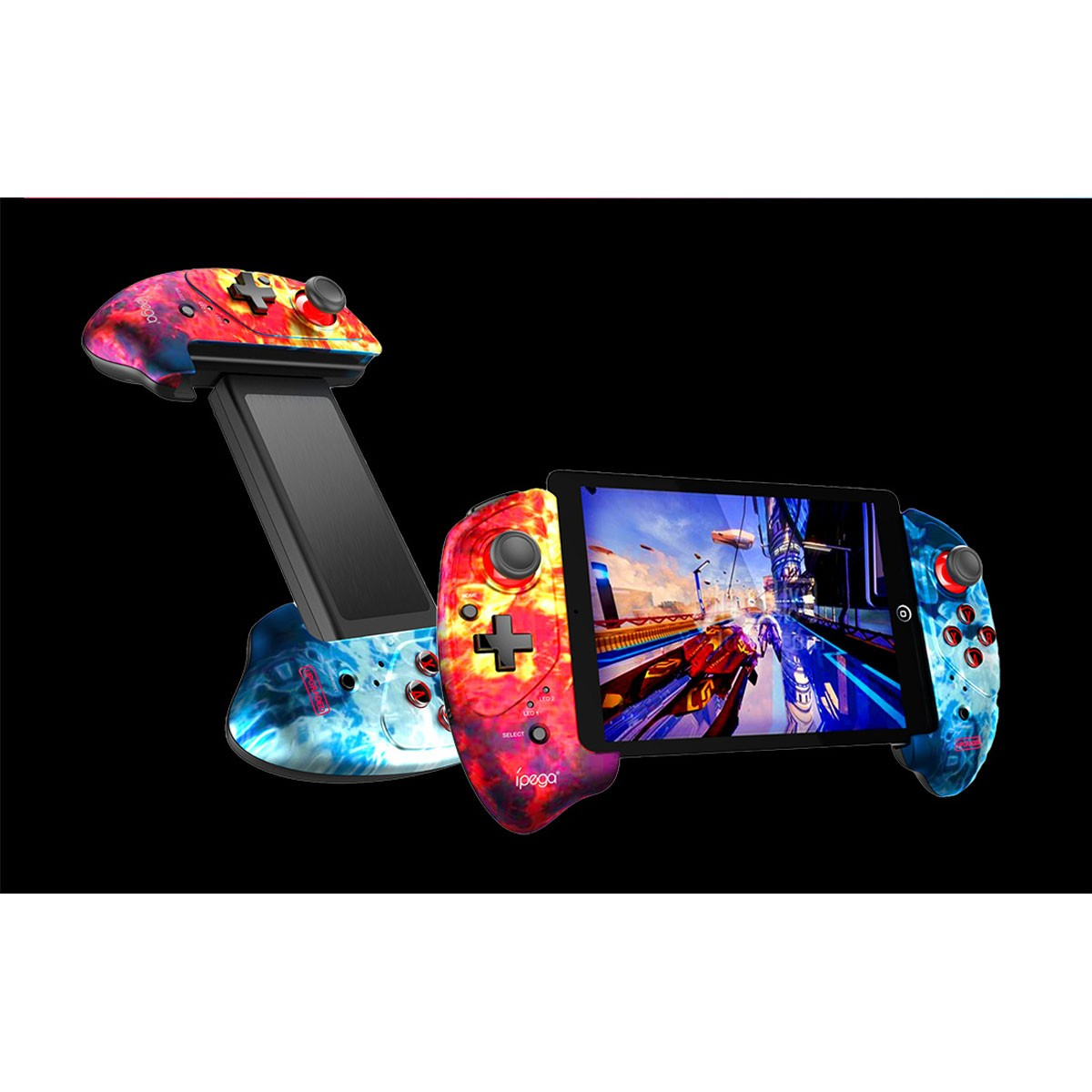 Ein Gaming-Controller, der ein Tablet hält, das eine Spielszene zeigt, vor schwarzem Hintergrund.