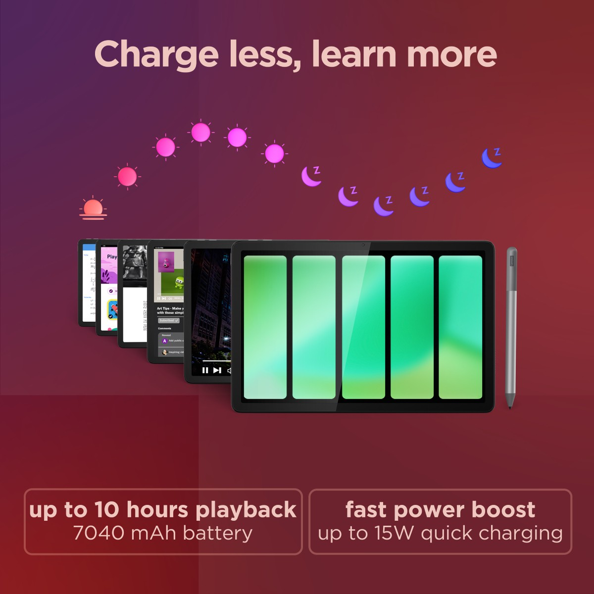 Tablety z rysikiem i tekstem o czasie odtwarzania i szybkim ładowaniu, na fioletowym tle.