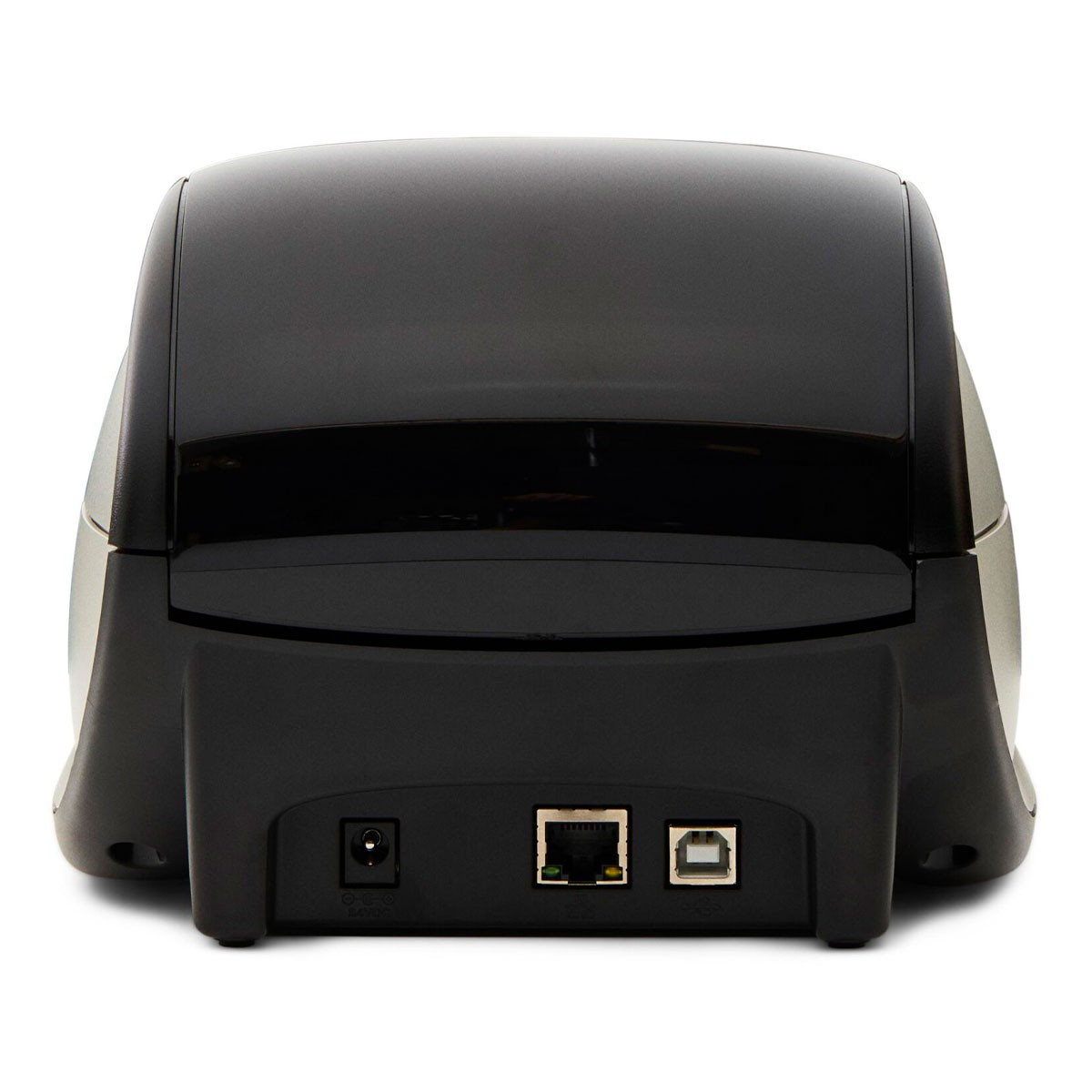 Schwarzer Drucker mit Strom-, Ethernet- und USB-Anschlüssen. Es ist auf weißem Hintergrund.
