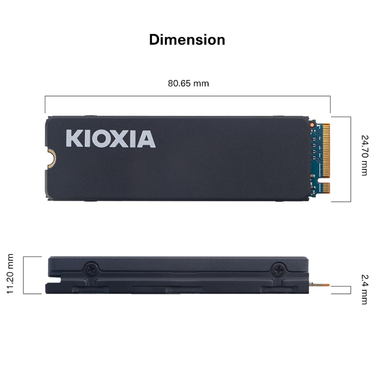 KIOXIA etiketli bir SSD. Boyutlar: 80,65 mm uzunluk, 24,70 mm genişlik ve 11,20 mm yükseklik.