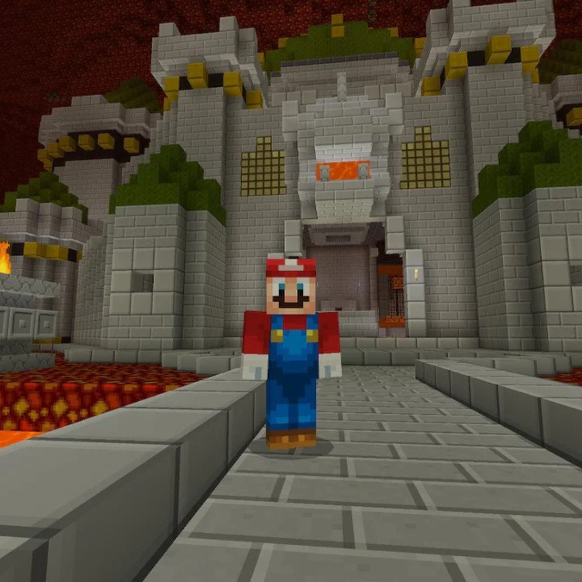 Mario w świecie w stylu Minecraft. Stoi przed dużym zamkiem z tłem przypominającym lawę.