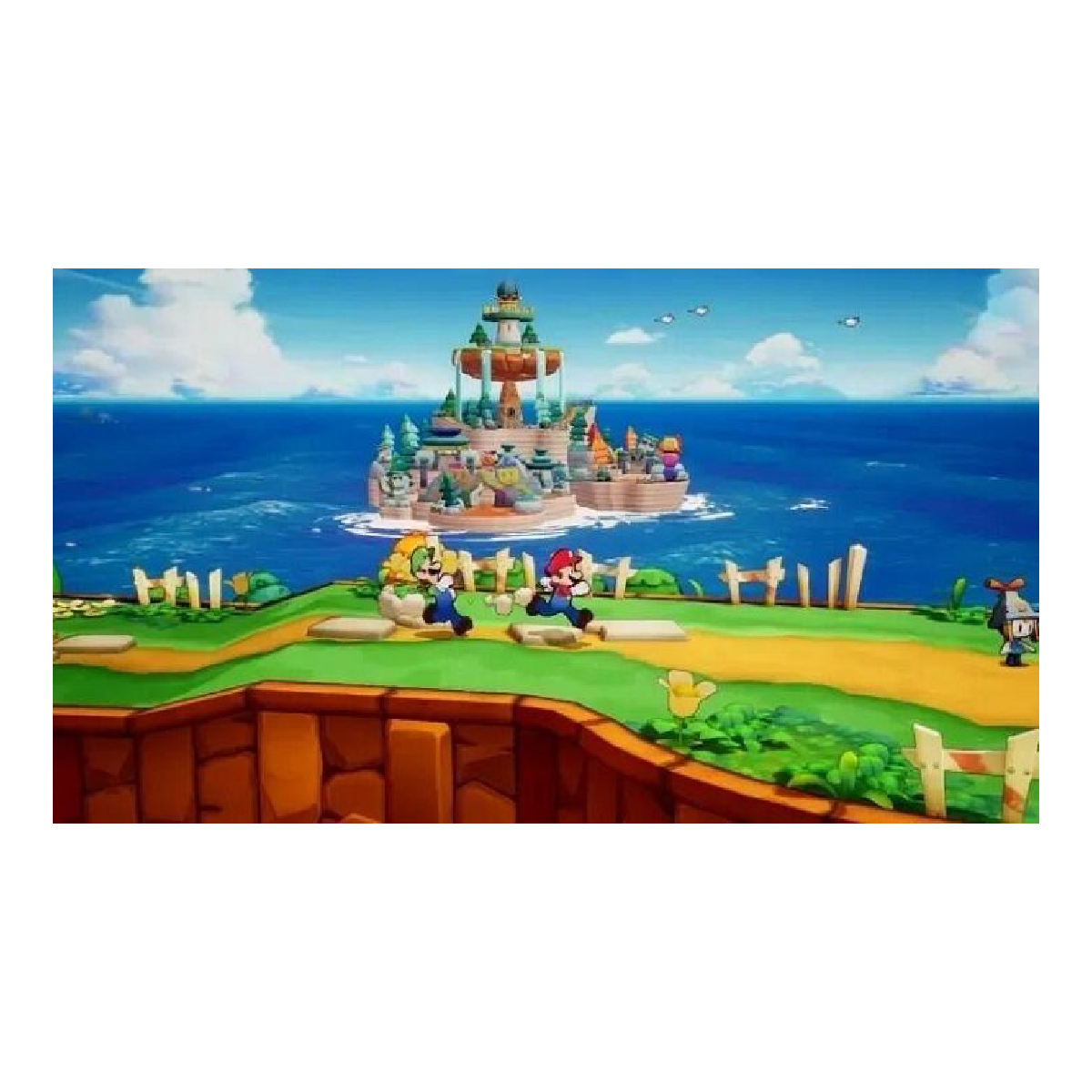 Scena ze świata Super Mario. Mario i inna postać biegną w kierunku zamku nad morzem.