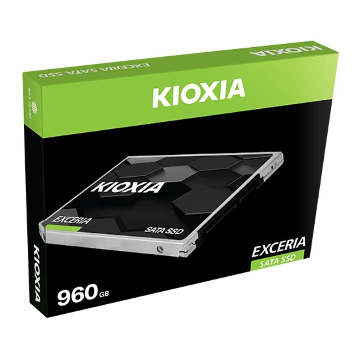 Pudełko SSD Kioxia z zielono-czarnym designem. Dysk SSD jest widoczny.