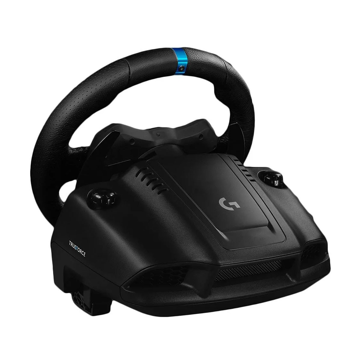 Volante Trueforce negro con una franja azul en la parte superior y una base negra.