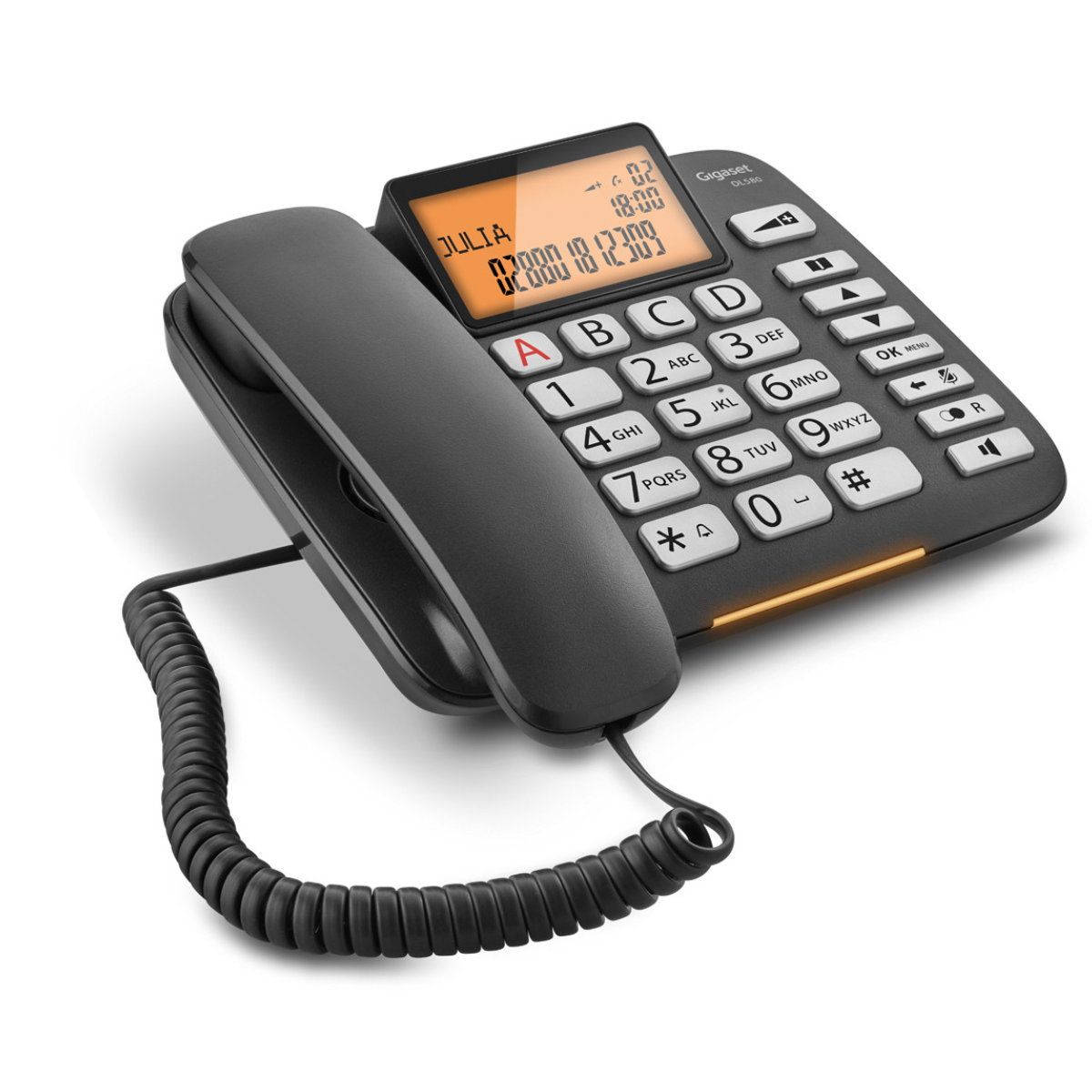 Un telefono Gigaset nero con un display che mostra un nome, numeri e pulsanti.