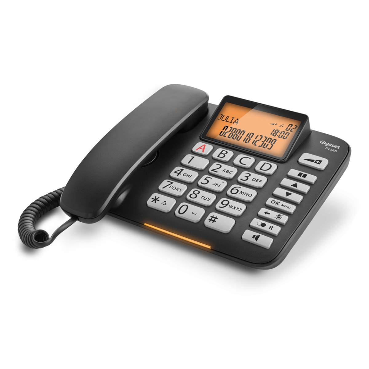 Telefono Gigaset nero con display che mostra nome e numeri, con tasti.