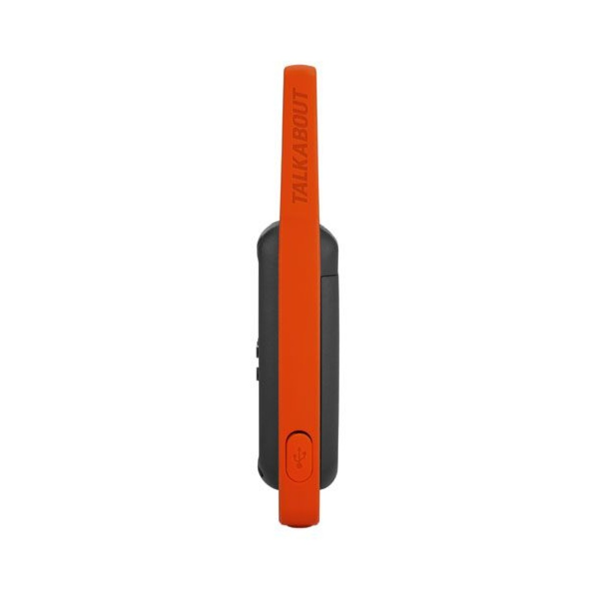 Ein schwarz-oranges Walkie-Talkie, Seitenansicht. Die Oberseite ist orange, mit USB-Anschluss und Knöpfen.