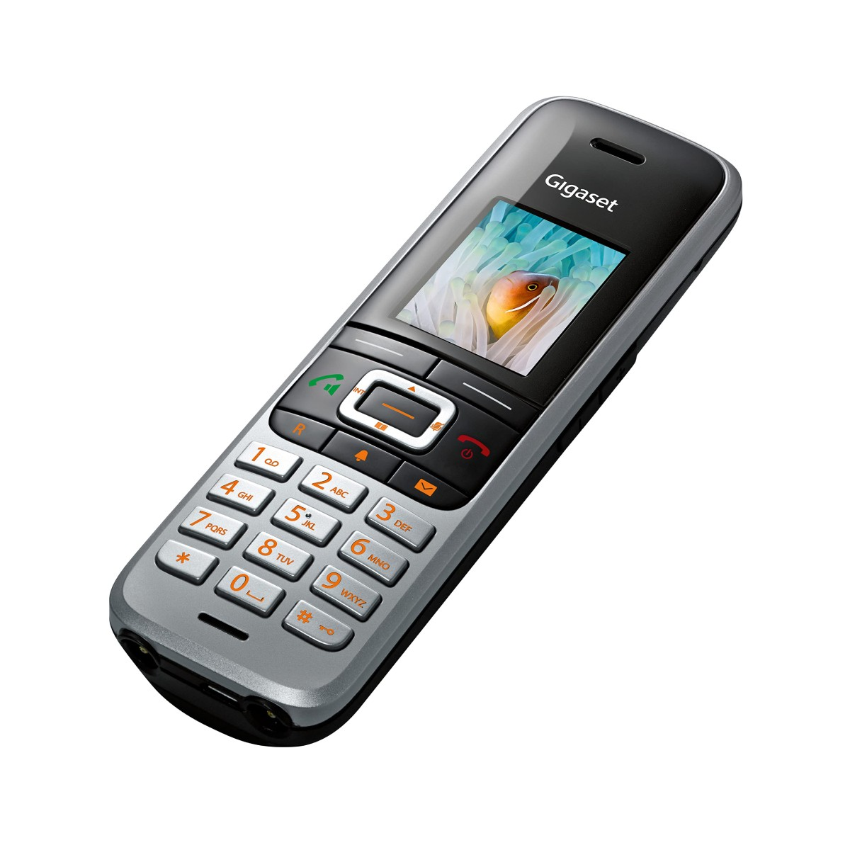 Un telefono Gigaset argento e nero con schermo che mostra un'immagine di pesce. Ha tasti numerici.