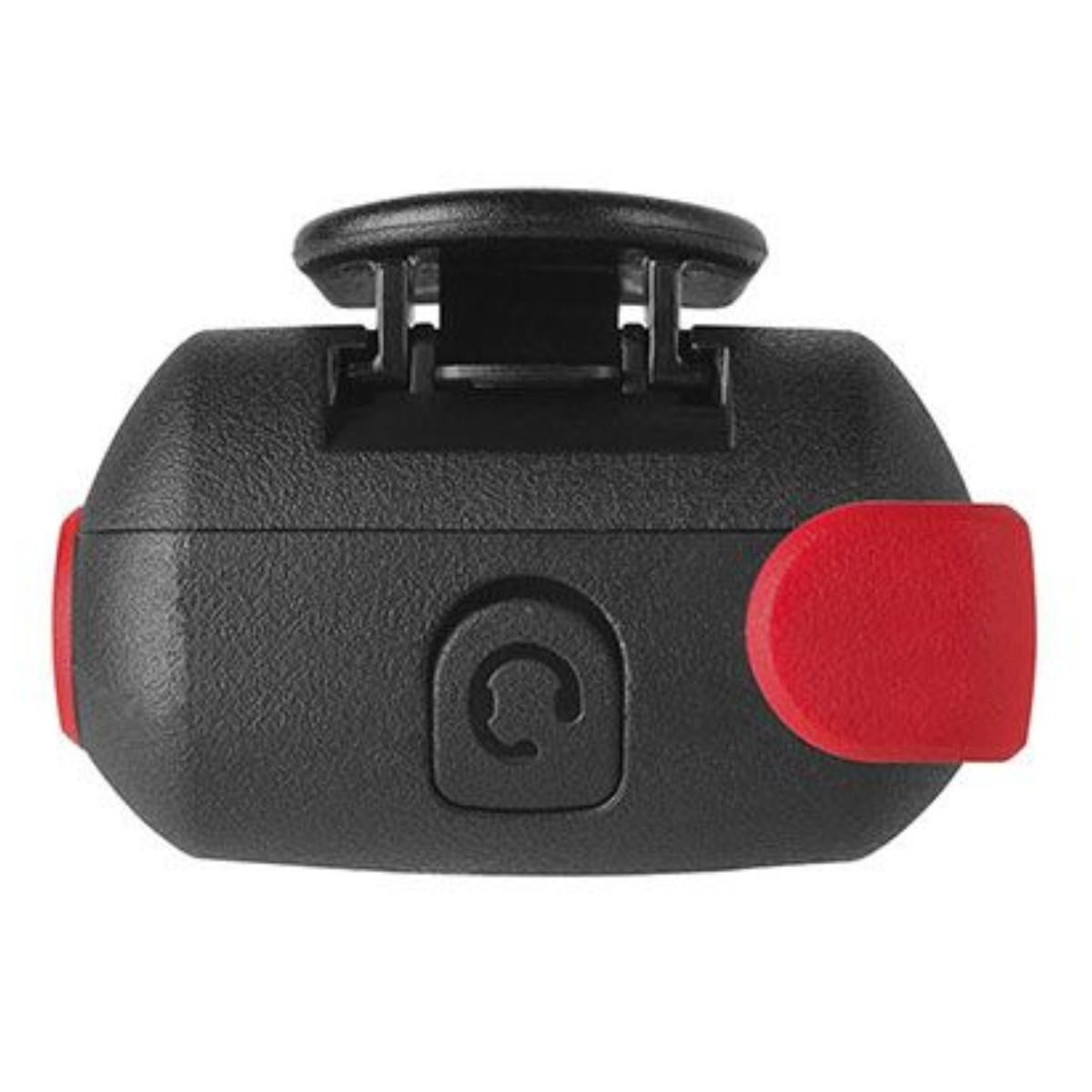 Primer plano de un dispositivo negro con un botón rojo y un puerto.
