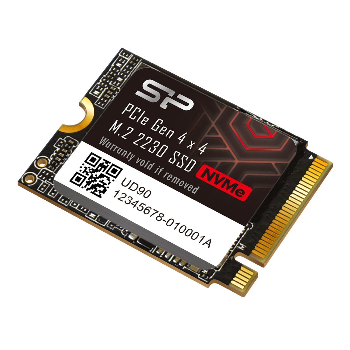 Widok z góry na dysk SP PCIe Gen 4x4 M.2 2230 NVMe z kodem kreskowym.