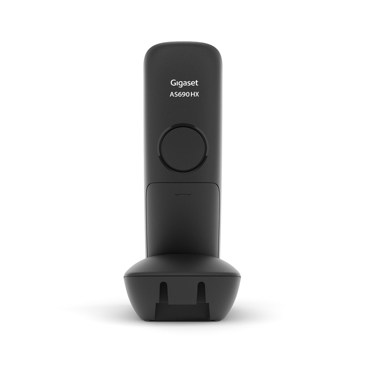 Teléfono Gigaset negro, sobre una superficie blanca, con la marca arriba.