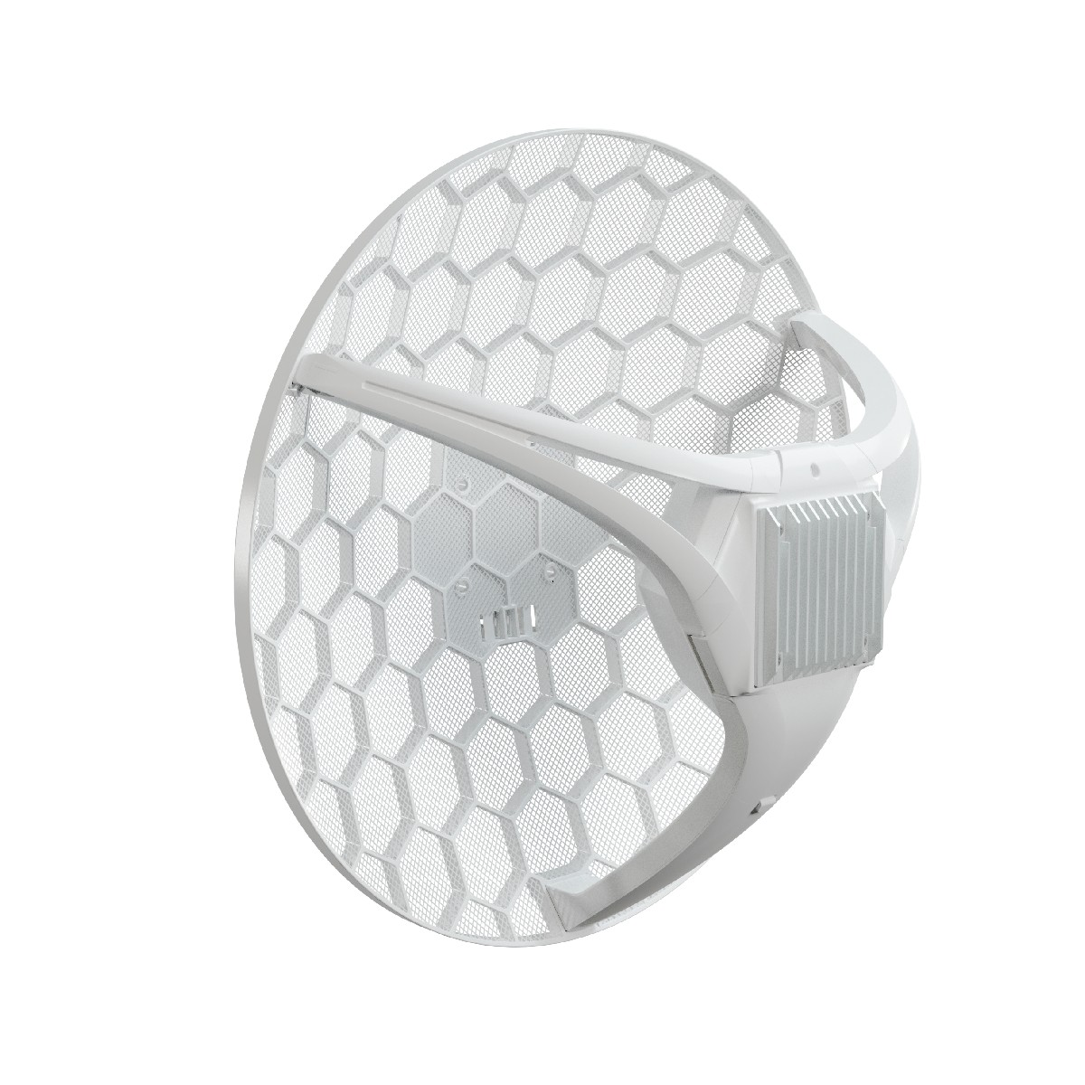 Una antena blanca con un patrón de panal, con un soporte metálico.