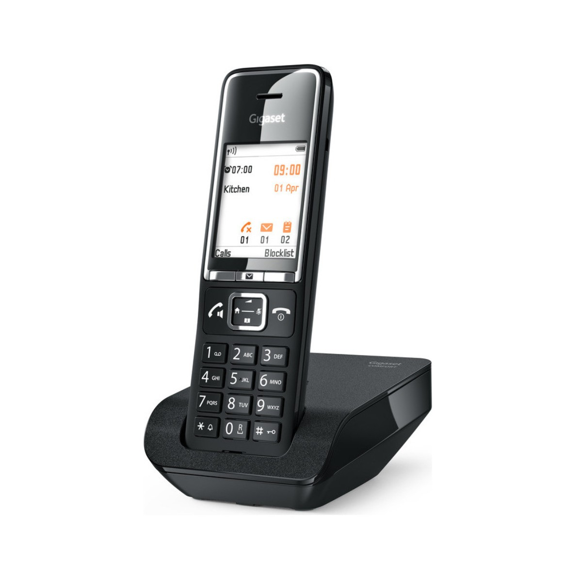 Teléfono Gigaset negro en una base. La pantalla muestra reloj y llamadas.