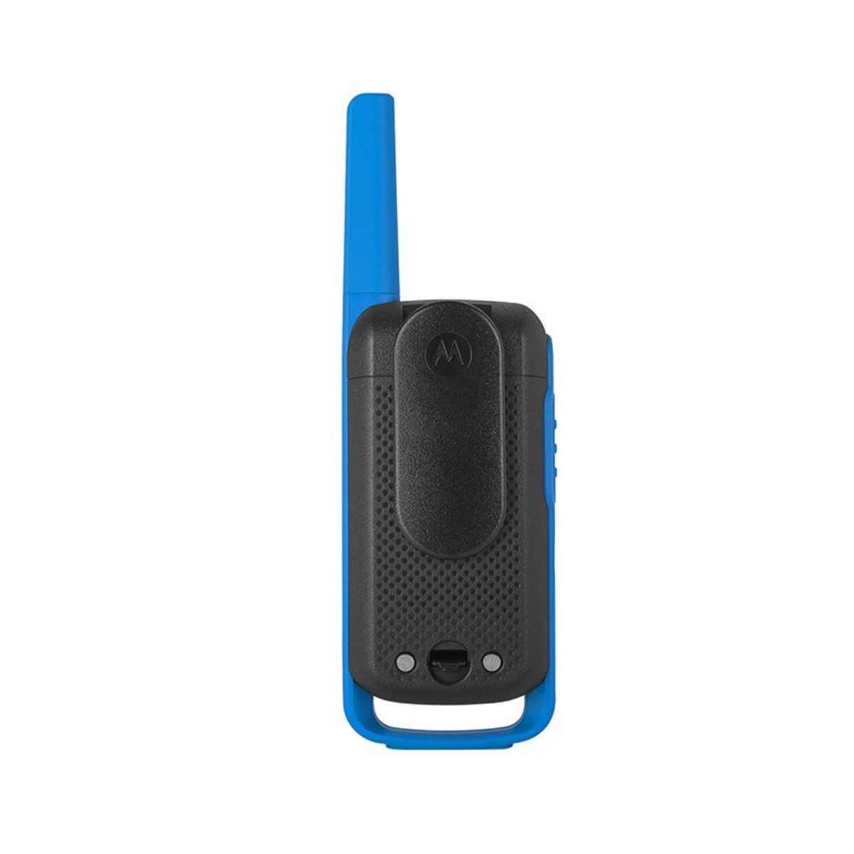 Blue and black walkie-talkie, side view. It has a belt clip and antenna.