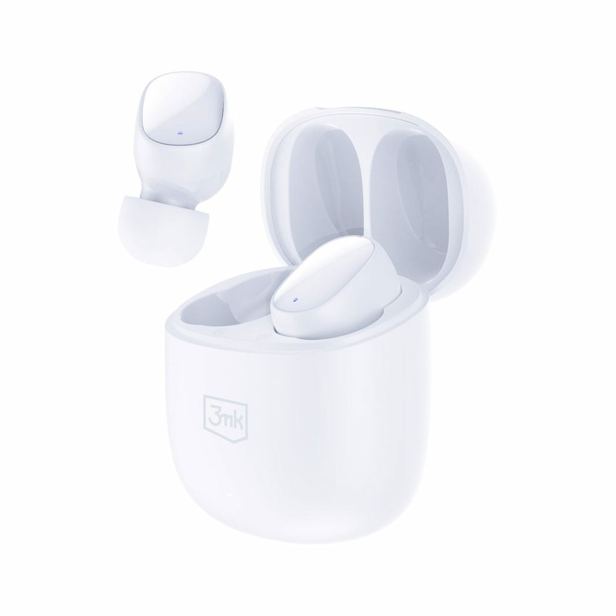 Auricolari bianchi e custodia di ricarica. Un auricolare è fuori dalla custodia.