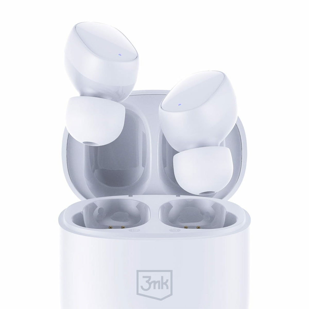 Auricolari wireless bianchi nella loro custodia di ricarica bianca. Logo 3mk in basso.