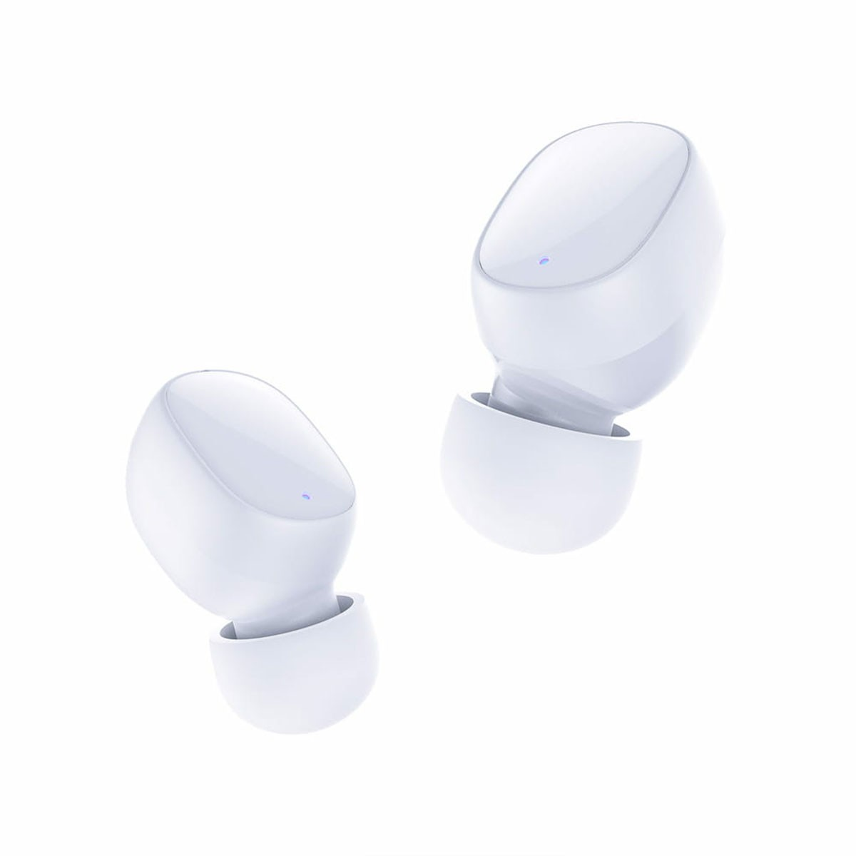 Due auricolari bianchi, isolati su sfondo bianco. Sono leggermente angolati.