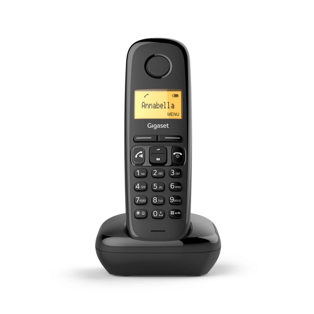 Teléfono Gigaset negro en base. La pantalla muestra el contacto Annabella.