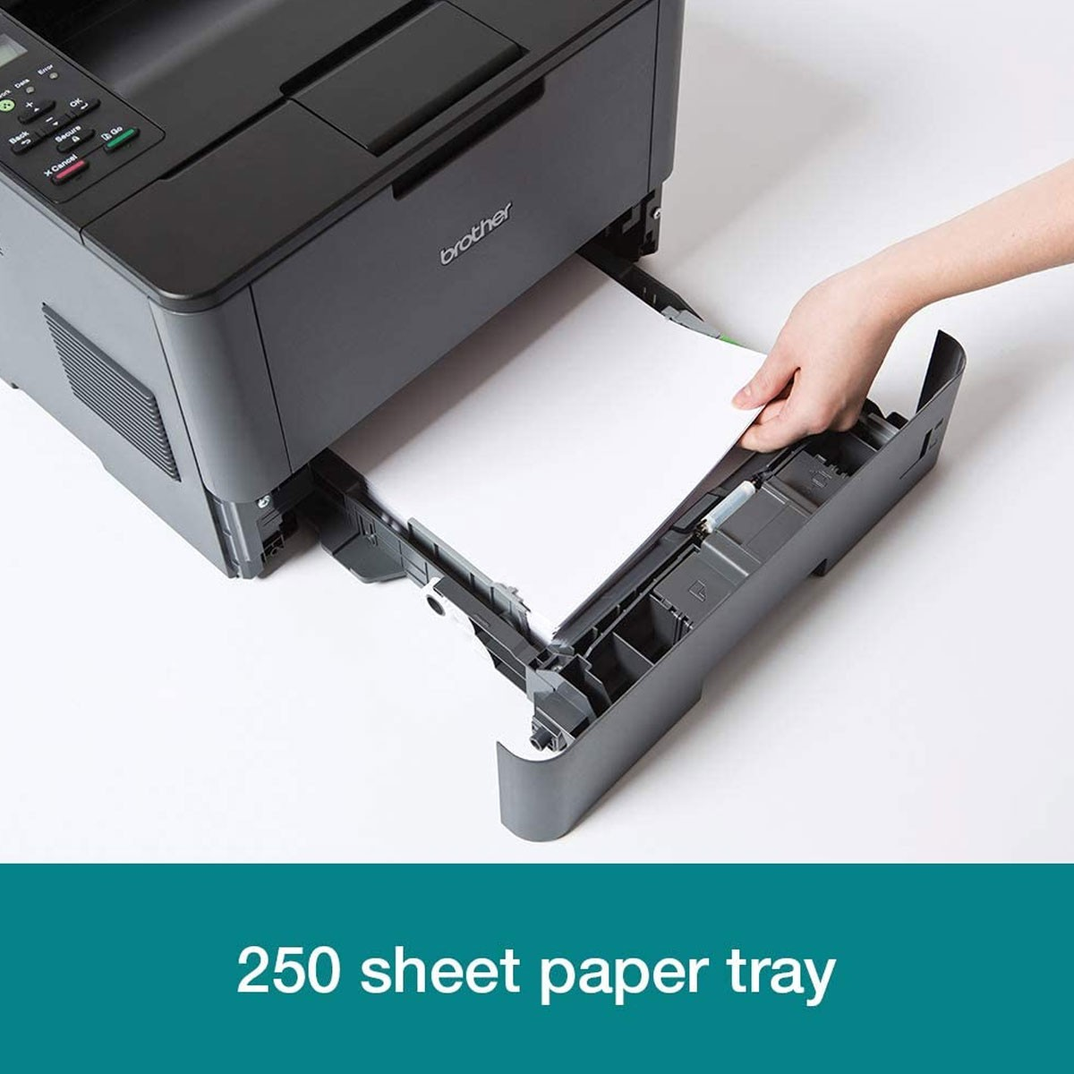 Drukarka z ręką wkładającą papier. Tekst brzmi: Podajnik papieru na 250 arkuszy.