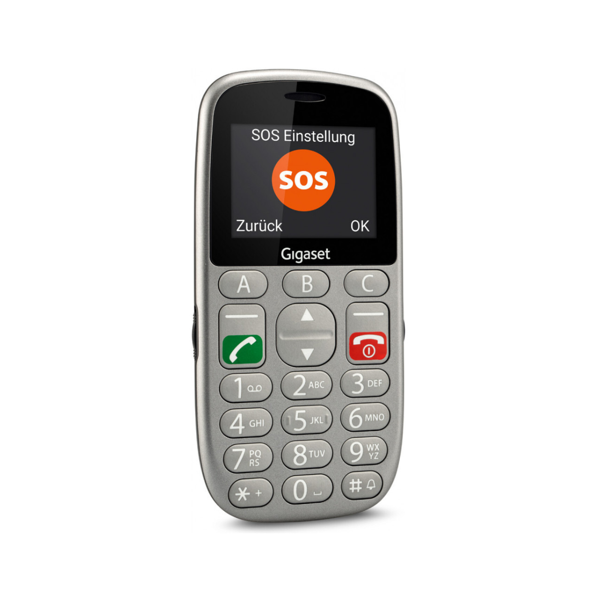 Zilveren Gigaset telefoon met grote knoppen en SOS. De achtergrond is wit.