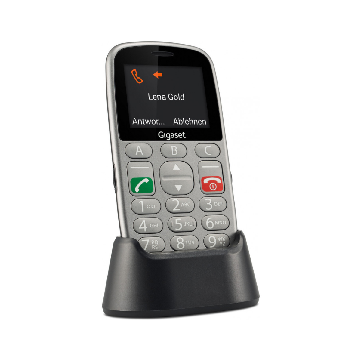 Een zilveren Gigaset telefoon op zijn basis. Het scherm toont een contactnaam en opties.