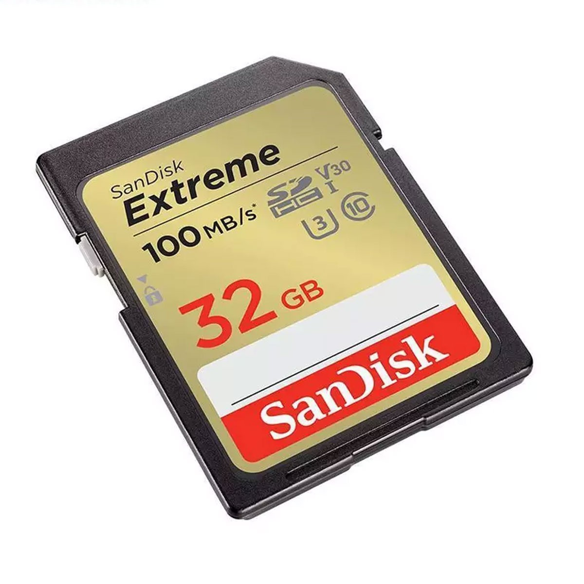 Czarno-złota karta SD SanDisk Extreme 32 GB na białym tle, widok z góry.