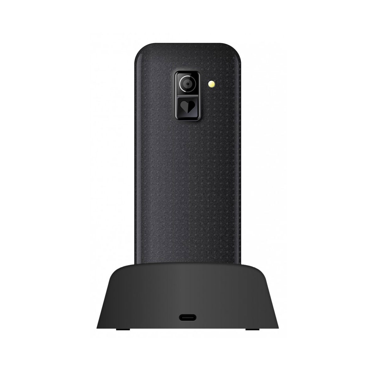 Czarny telefon na stacji ładującej. Z tyłu aparat i małe światło.