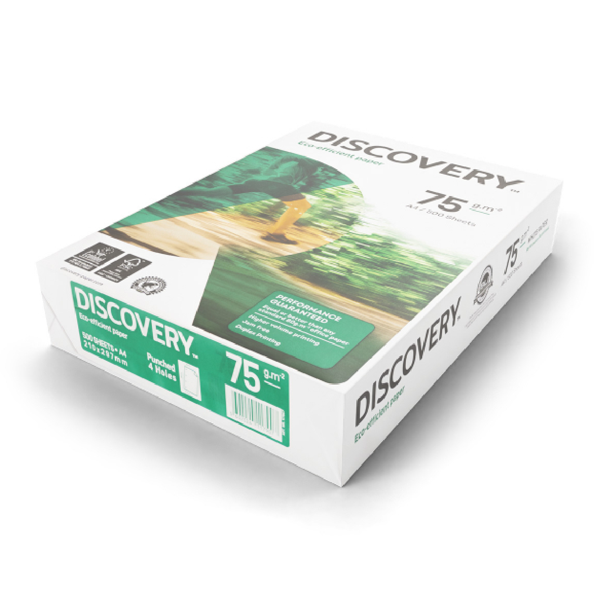 Discovery Papierbox, weiß und grün. Text: 75 g/m², A4/500 Blatt und Logo.