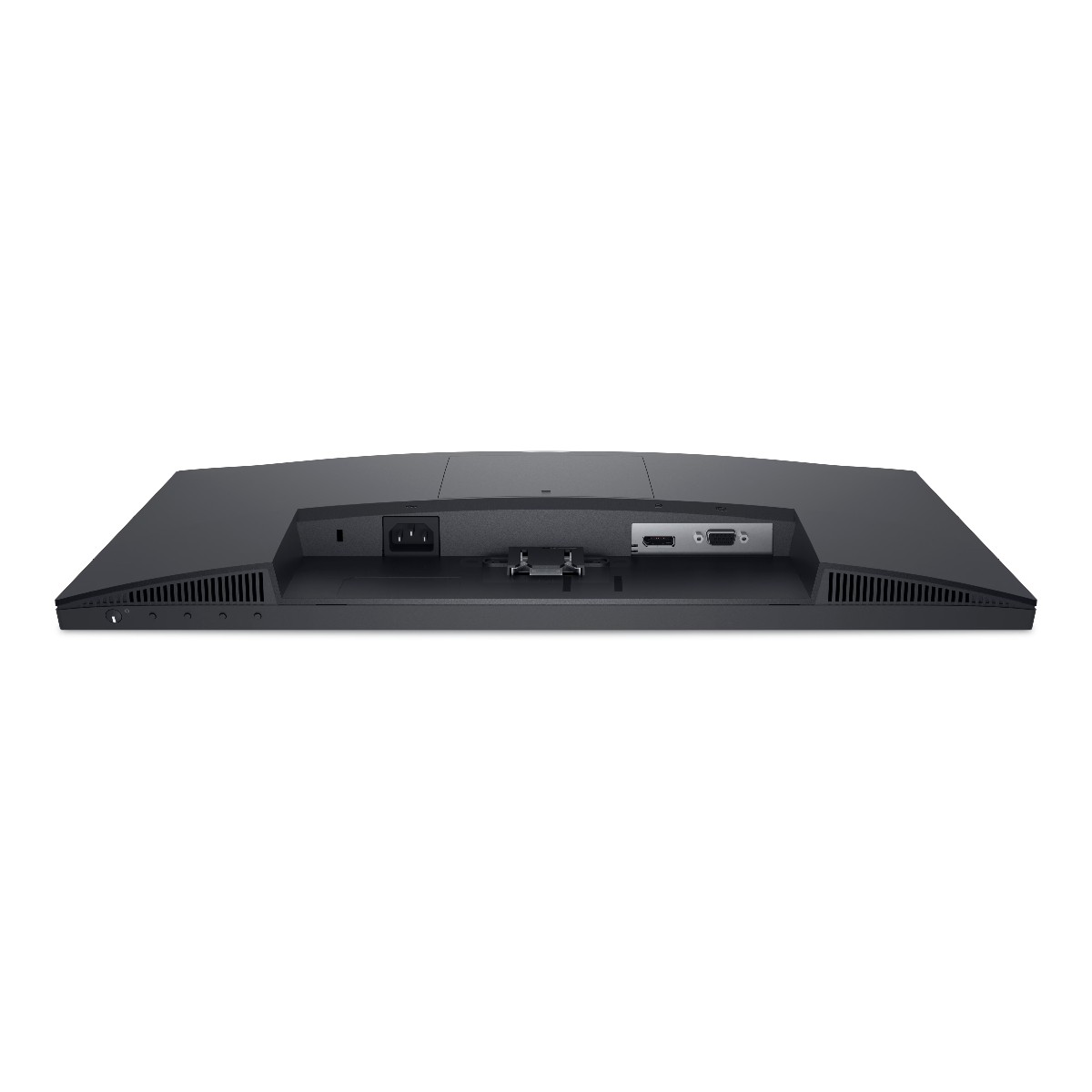 Parte trasera de un monitor de computadora negro. Puertos para alimentación, HDMI, USB, etc.