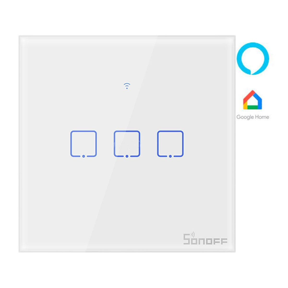 Un interruttore di luce intelligente bianco con tre pulsanti e loghi per Alexa e Google Home.