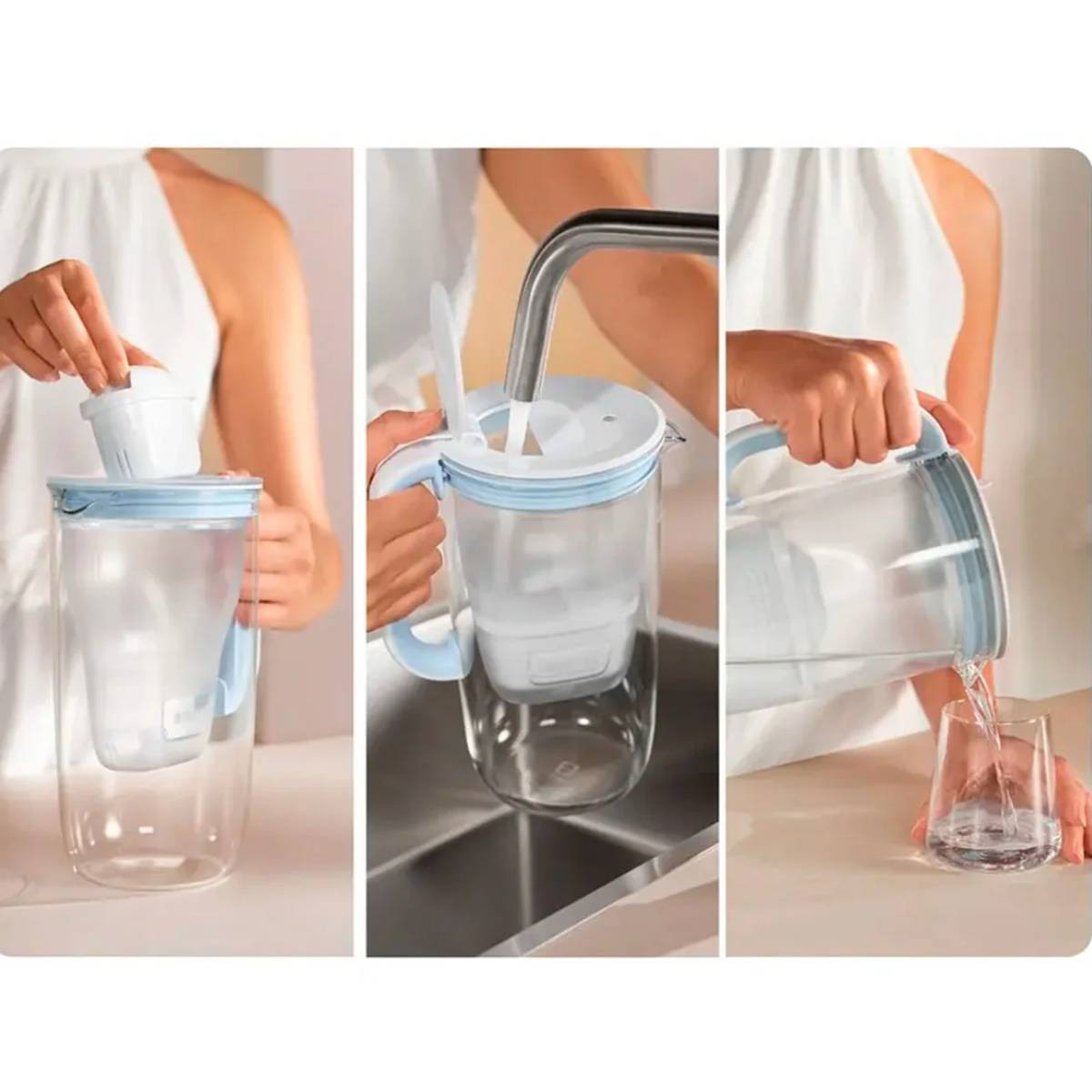 Drei Bilder. Eine Person füllt einen Wasserfilter und gießt dann Wasser in ein Glas.