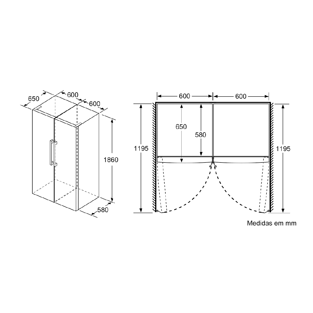 Diagrama que muestra las dimensiones de un refrigerador. Vista lateral y vista frontal.