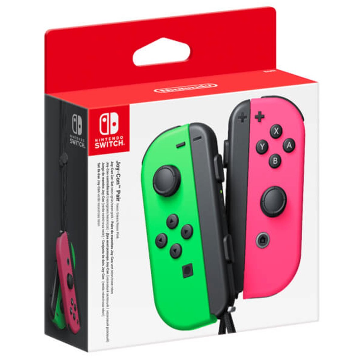 Controller Joy-Con Nintendo Switch in una scatola. Uno verde, uno rosa.