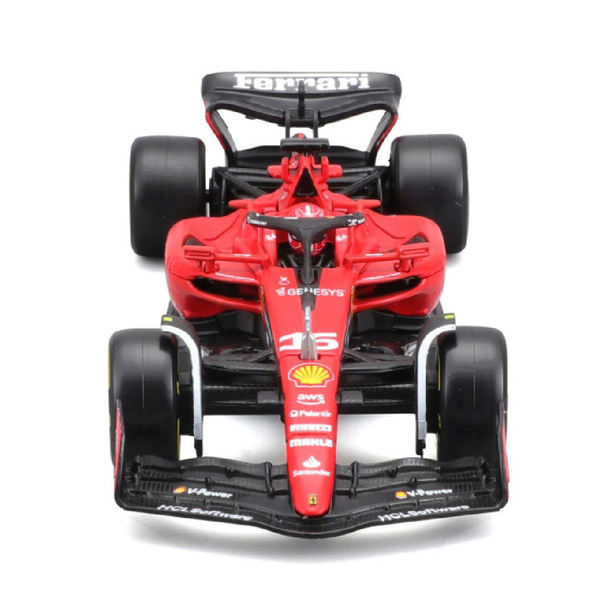 Czerwony samochód wyścigowy Ferrari F1, widok z przodu. Widoczne sponsory. Czarne i żółte detale.