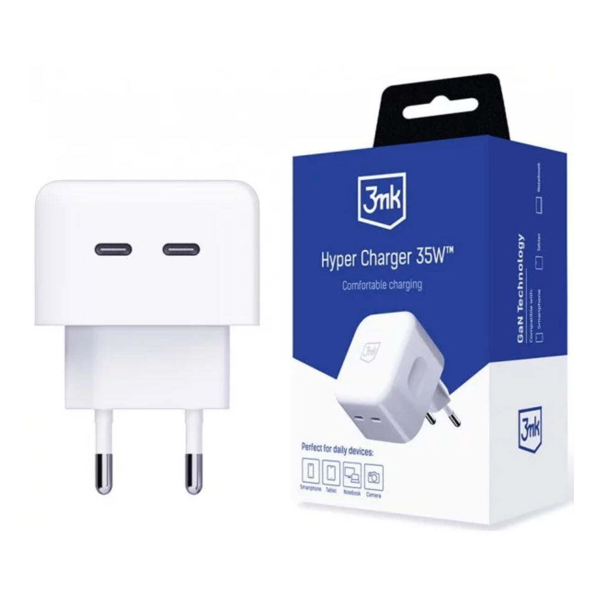 Hyper Charger 35W bianco con porte di ricarica e scatola. Testo nero sulla scatola.