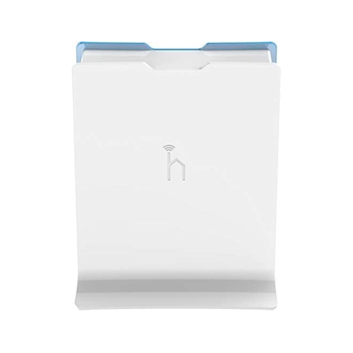 Biały router bezprzewodowy z niebieskim akcentem na górze. Widoczne logo.