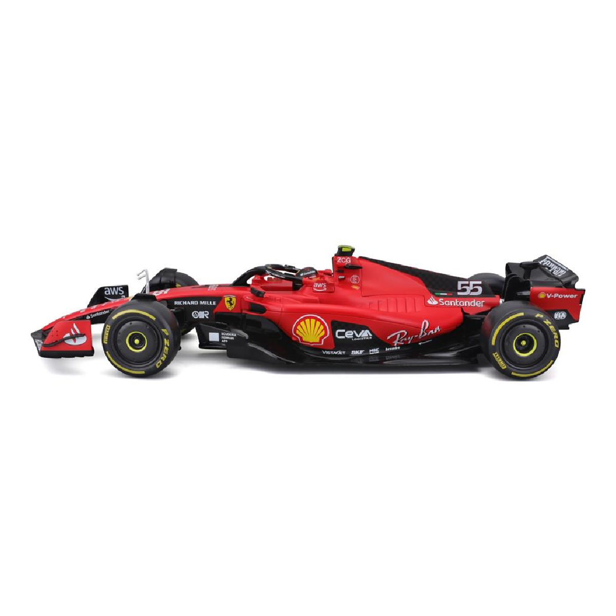 Roter Ferrari Formel 1-Rennwagen auf weißem Hintergrund. Schwarze und gelbe Details.