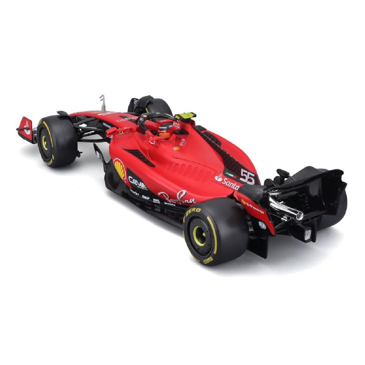 Rotes Spielzeug-Rennauto Seitenansicht. Nummer 55 an der Seite. Weißer Hintergrund.