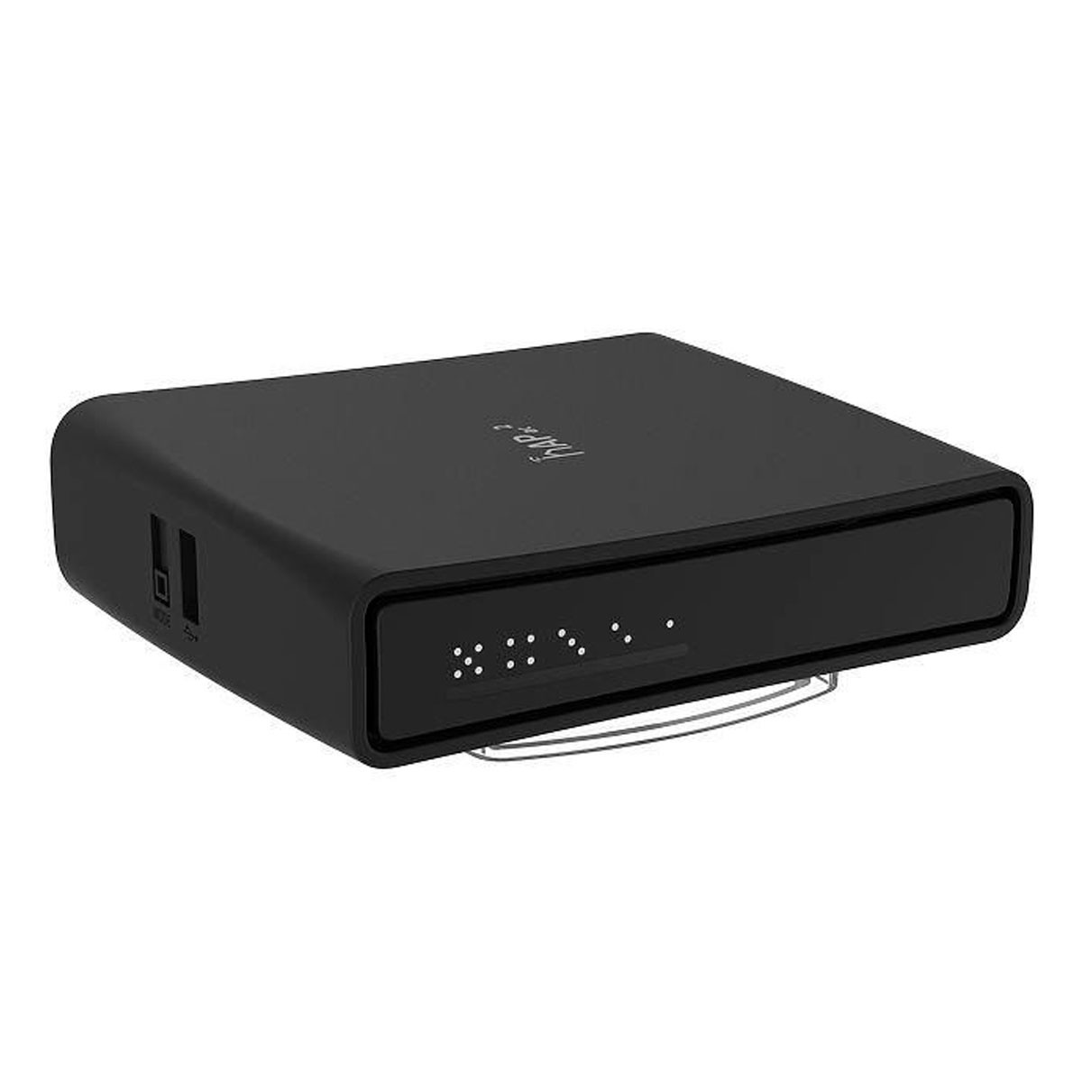 Czarne, prostokątne urządzenie z ekranem wyświetlającym kropki, na białej powierzchni.