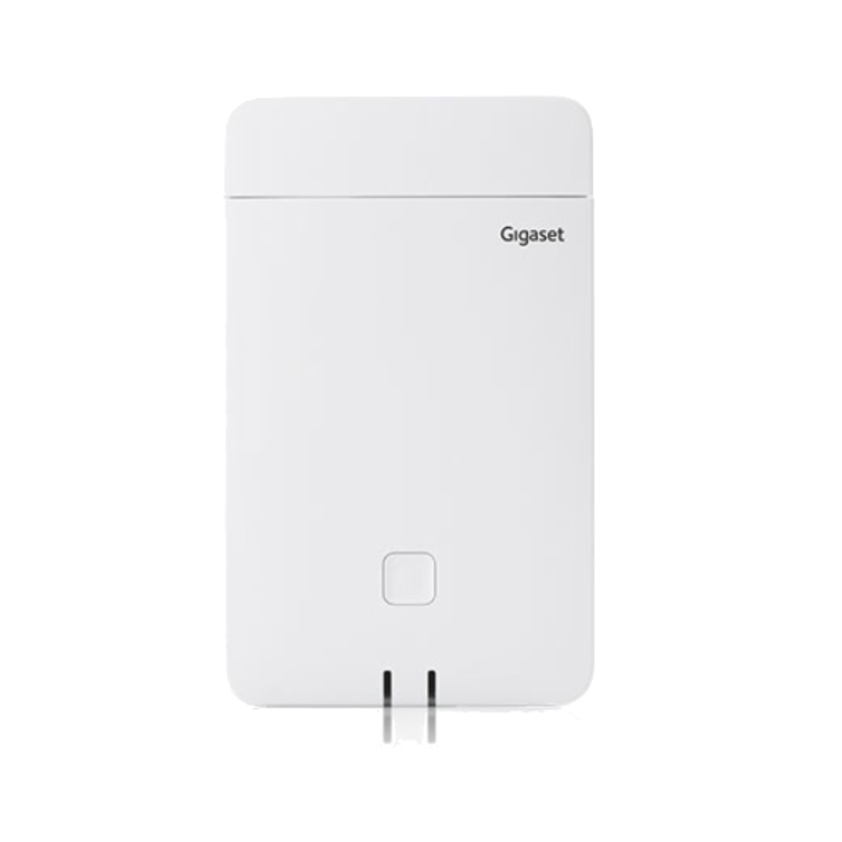Un dispositivo Gigaset bianco, rettangolare con bordi arrotondati, con un piccolo quadrato e delle linee.