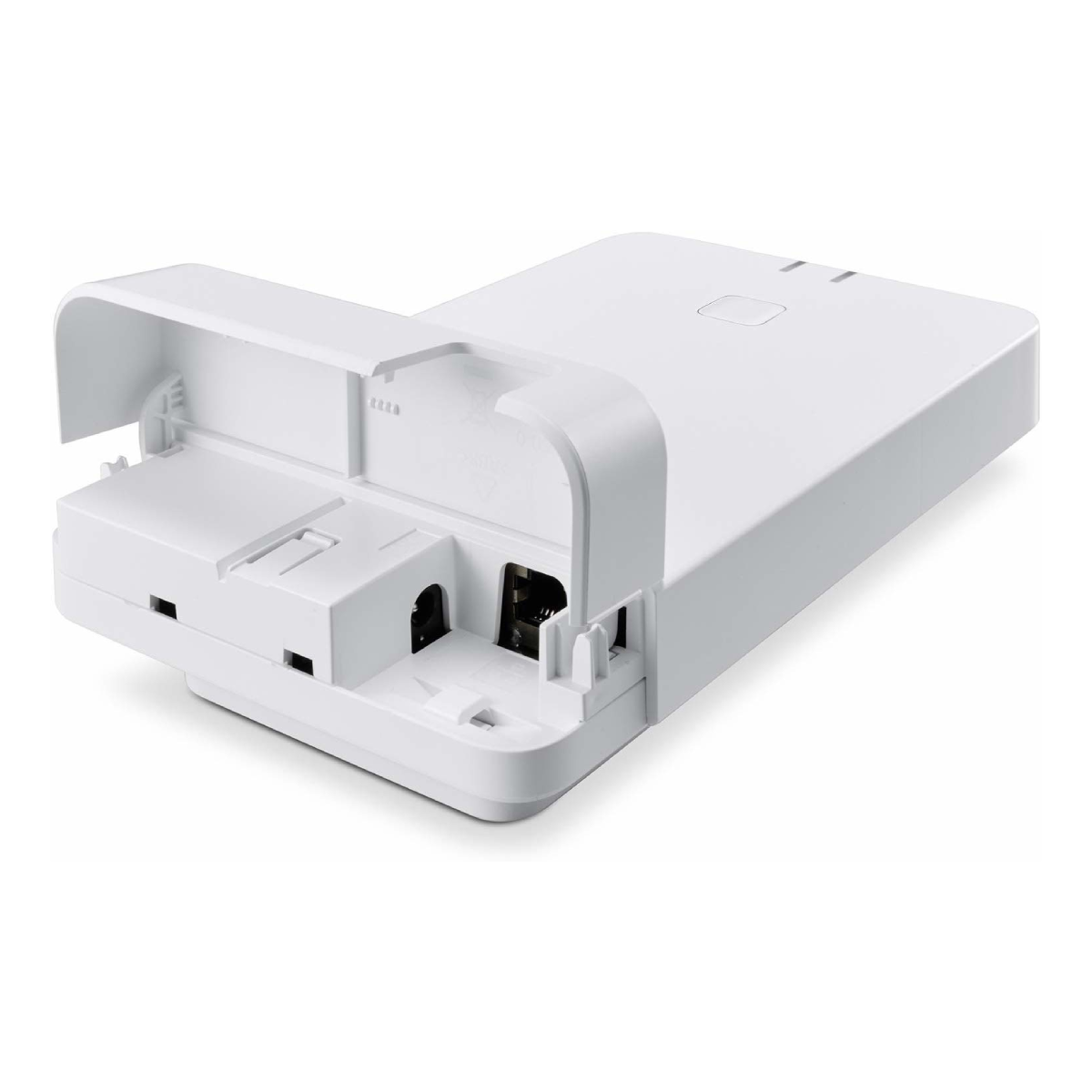 Dispositivo elettronico bianco, porte visibili. Parte superiore aperta. Sfondo bianco.